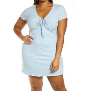 BP Women Blue Ribbed Tie Front Dress BNWOT Lettuce Edge Short Sleeve